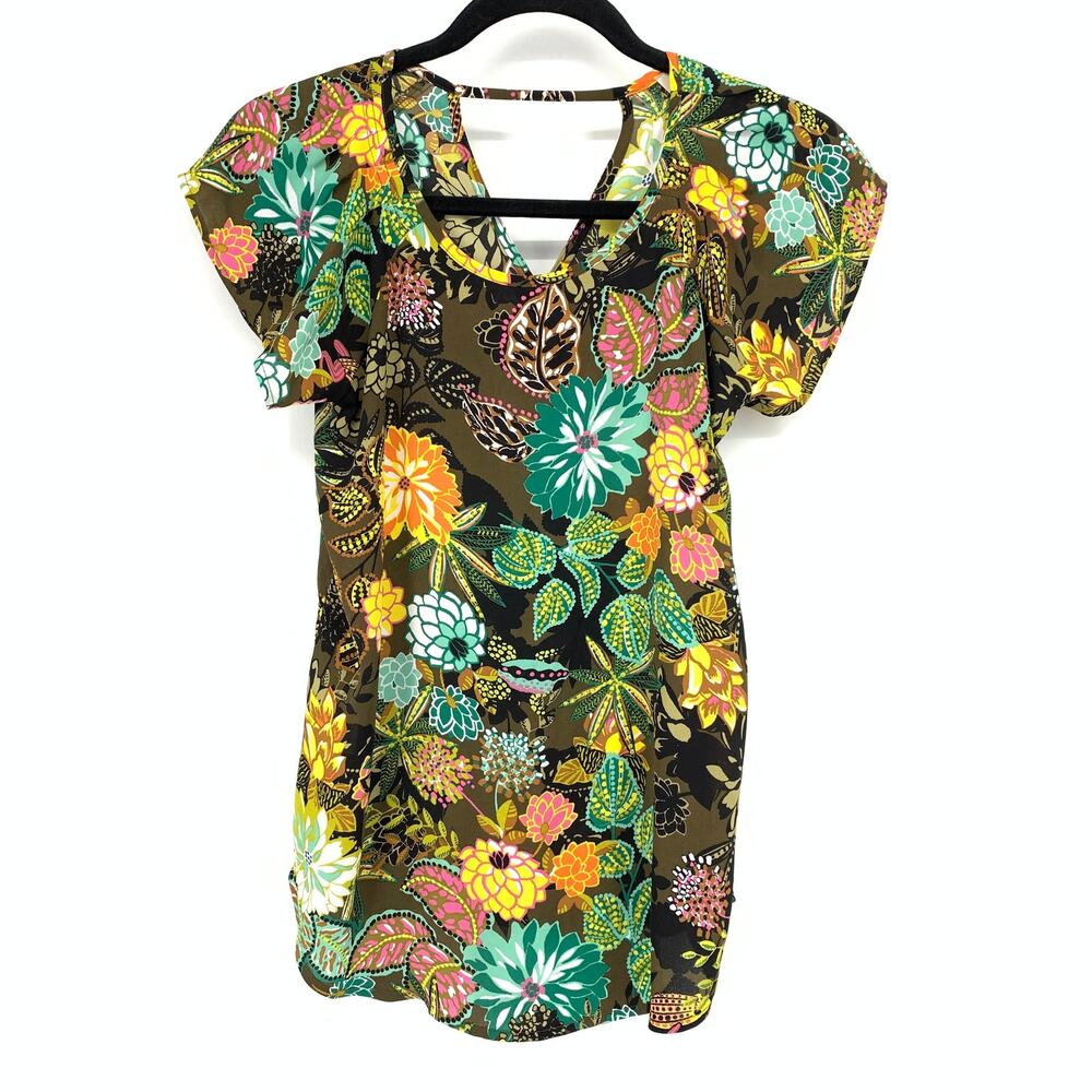 Loft Short Sleeve Blouse Womens Size LP Multicolor Floral Print Keyhole Back